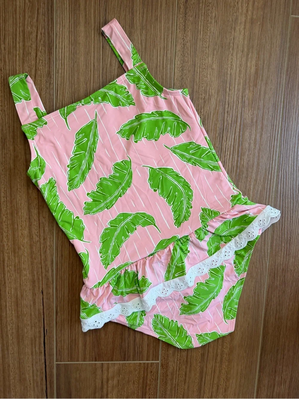 The Beaufort Bonnet Company | Pink with Green Leaf Print Ruffle swimsuit
